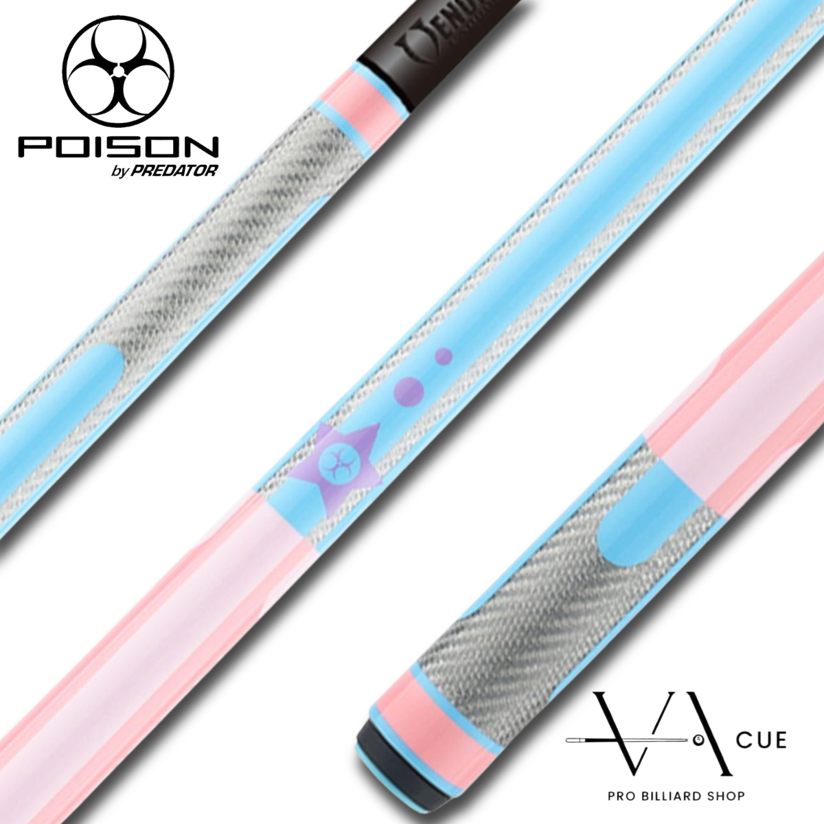 Poison Candy Sugar Pool Cue with Carbon Fiber Shaft - Pink/Light Blue - No Wrap